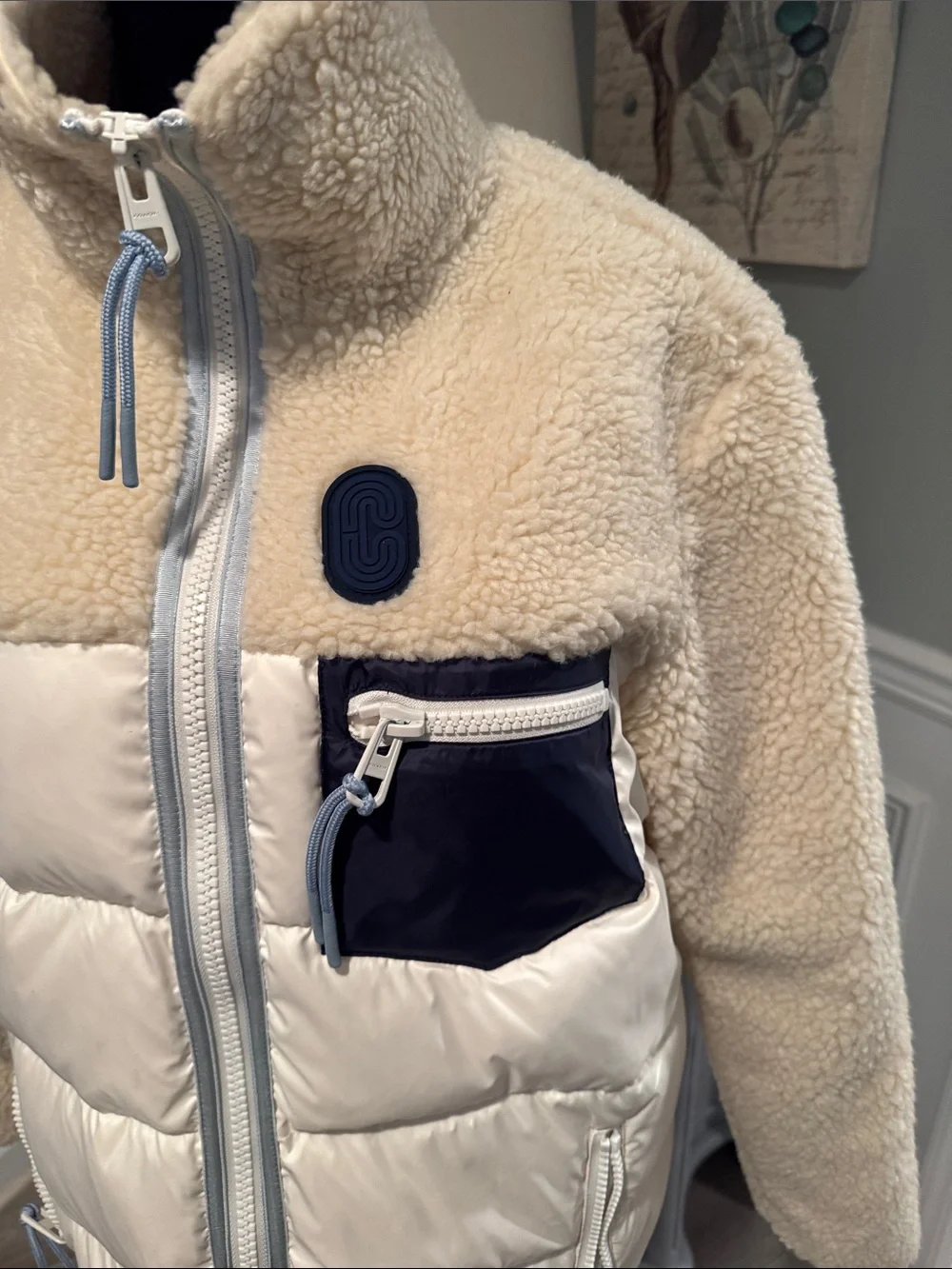 Coach Cream White Puffer Sherpa Jacket with Navy Pocket